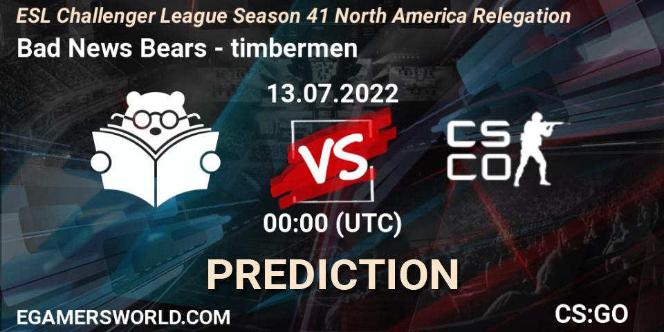 Pronósticos Bad News Bears - timbermen. 13.07.2022 at 00:00. ESL Challenger League Season 41 North America Relegation - Counter-Strike (CS2)