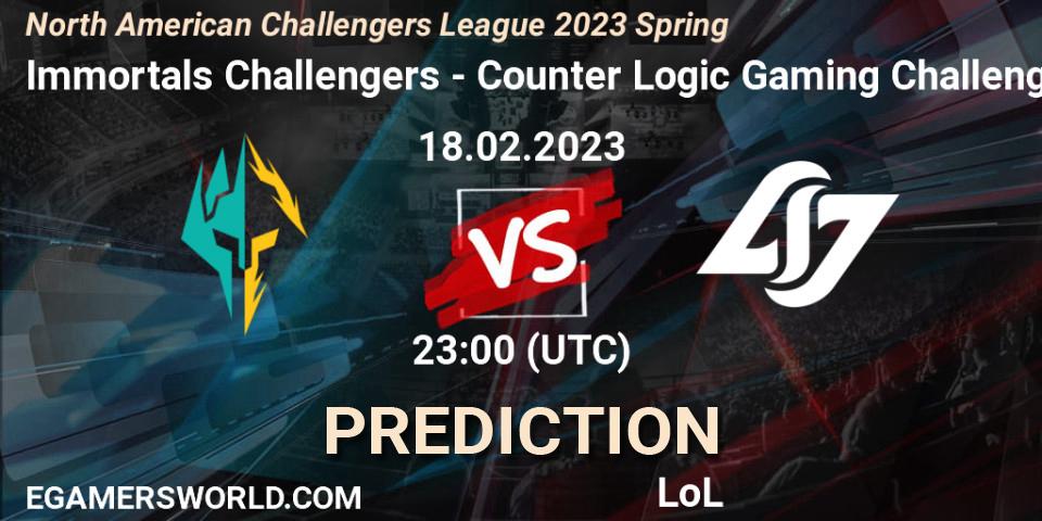 Pronósticos Immortals Challengers - Counter Logic Gaming Challengers. 18.02.23. NACL 2023 Spring - Group Stage - LoL