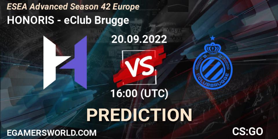 Pronósticos HONORIS - eClub Brugge. 20.09.2022 at 16:00. ESEA Season 42: Advanced Division - Europe - Counter-Strike (CS2)