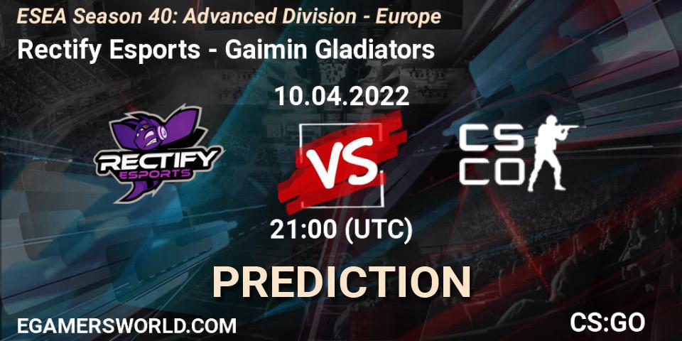 Pronósticos Rectify Esports - Gaimin Gladiators. 10.04.2022 at 20:00. ESEA Season 40: Advanced Division - Europe - Counter-Strike (CS2)