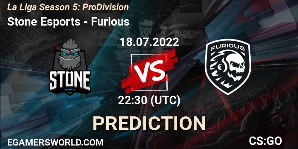Pronósticos Stone Esports - Furious. 18.07.2022 at 22:45. La Liga Season 5: Pro Division - Counter-Strike (CS2)