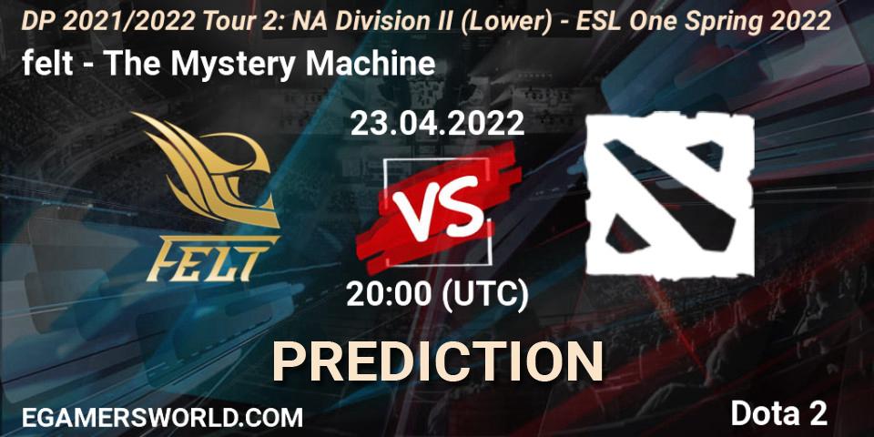Pronósticos felt - The Mystery Machine. 23.04.2022 at 22:51. DP 2021/2022 Tour 2: NA Division II (Lower) - ESL One Spring 2022 - Dota 2
