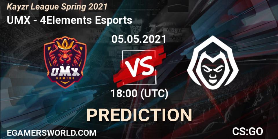Pronósticos UMX - 4Elements Esports. 05.05.2021 at 18:00. Kayzr League Spring 2021 - Counter-Strike (CS2)