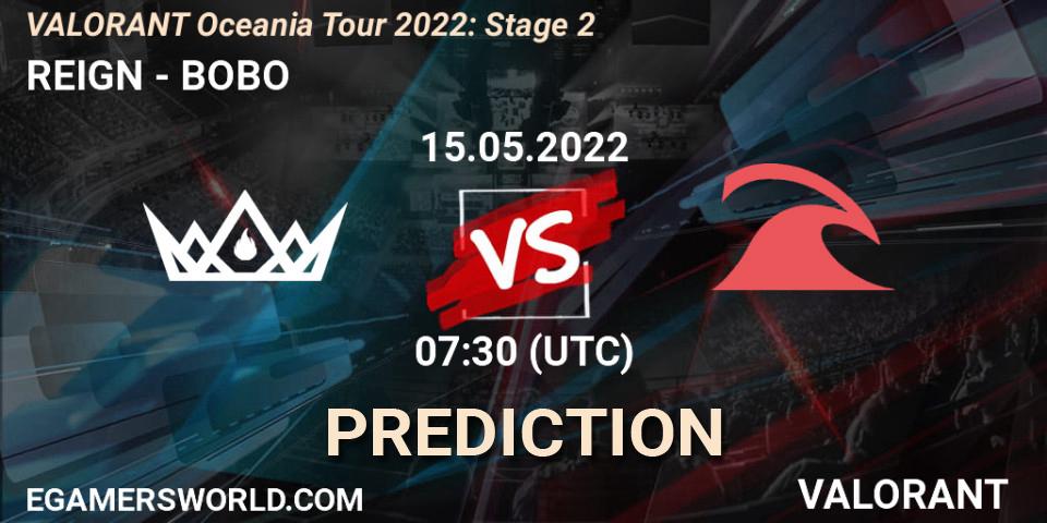 Pronósticos REIGN - BOBO. 15.05.2022 at 07:30. VALORANT Oceania Tour 2022: Stage 2 - VALORANT