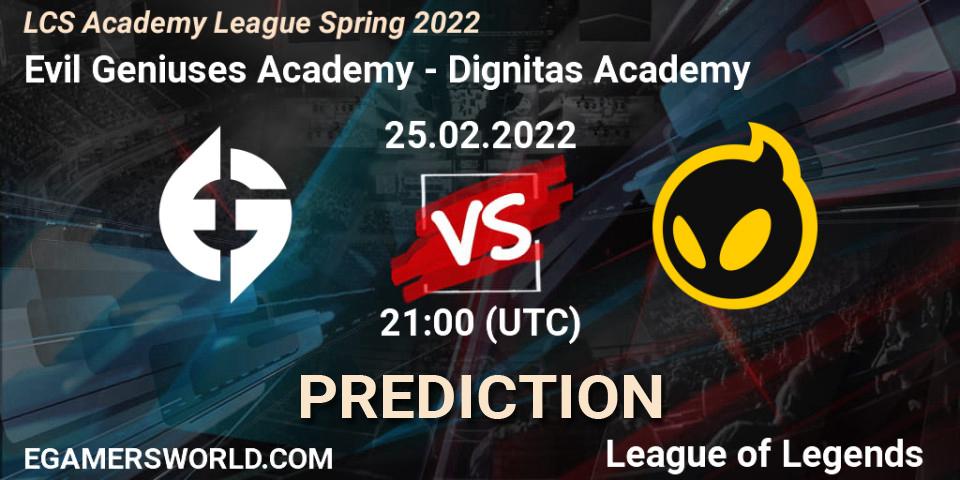 Pronósticos Evil Geniuses Academy - Dignitas Academy. 25.02.22. LCS Academy League Spring 2022 - LoL