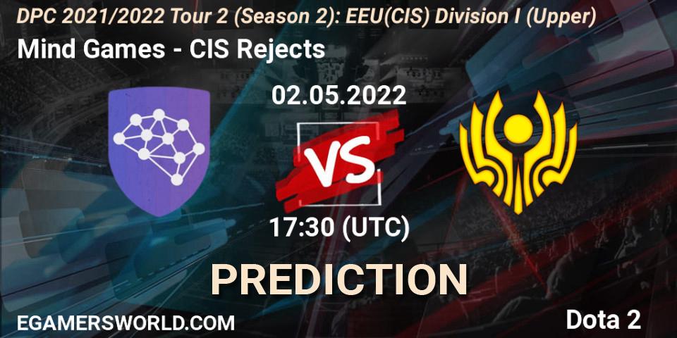 Pronósticos Mind Games - CIS Rejects. 02.05.2022 at 17:40. DPC 2021/2022 Tour 2 (Season 2): EEU(CIS) Division I (Upper) - Dota 2
