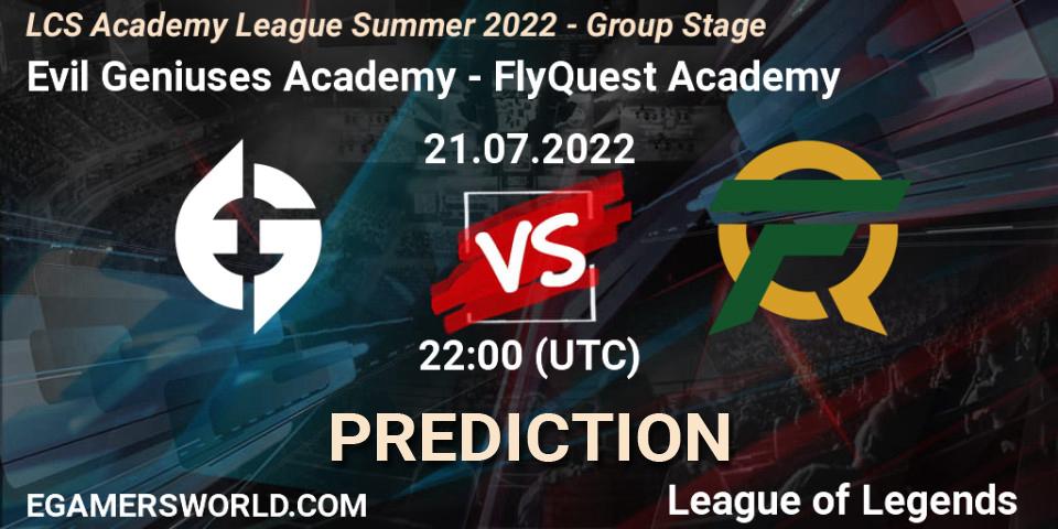 Pronósticos Evil Geniuses Academy - FlyQuest Academy. 21.07.2022 at 22:00. LCS Academy League Summer 2022 - Group Stage - LoL