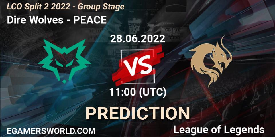 Pronósticos Dire Wolves - PEACE. 28.06.2022 at 11:00. LCO Split 2 2022 - Group Stage - LoL