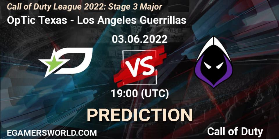Pronósticos OpTic Texas - Los Angeles Guerrillas. 03.06.2022 at 19:00. Call of Duty League 2022: Stage 3 Major - Call of Duty