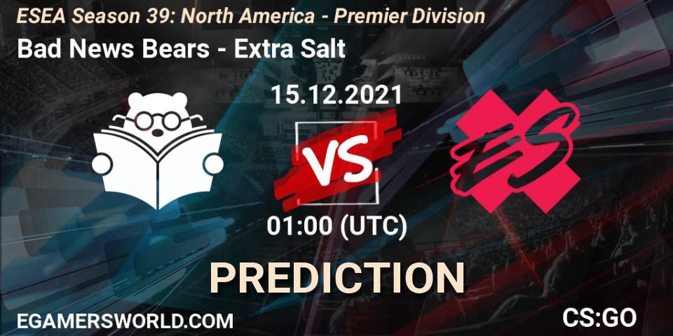 Pronósticos Bad News Bears - Extra Salt. 15.12.2021 at 01:00. ESEA Season 39: North America - Premier Division - Counter-Strike (CS2)