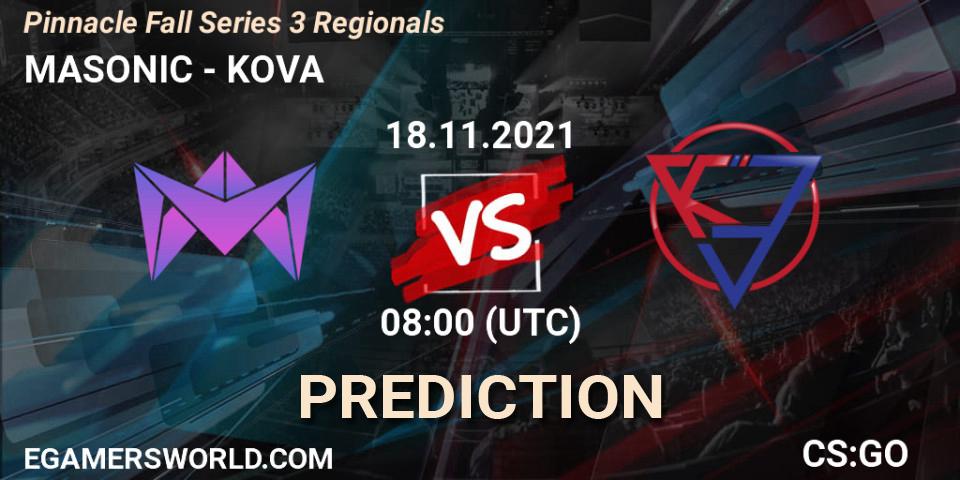Pronósticos MASONIC - KOVA. 18.11.2021 at 08:00. Pinnacle Fall Series 3 Regionals - Counter-Strike (CS2)