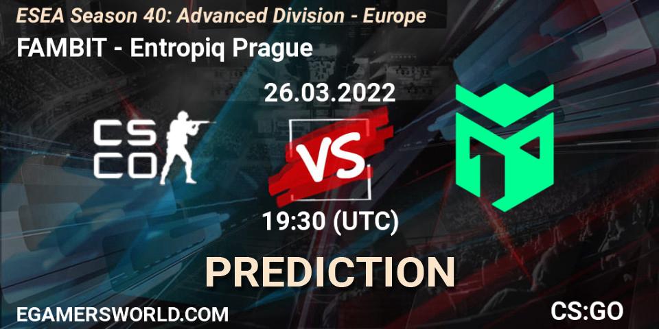 Pronósticos FAMBIT - Entropiq Prague. 26.03.2022 at 18:00. ESEA Season 40: Advanced Division - Europe - Counter-Strike (CS2)