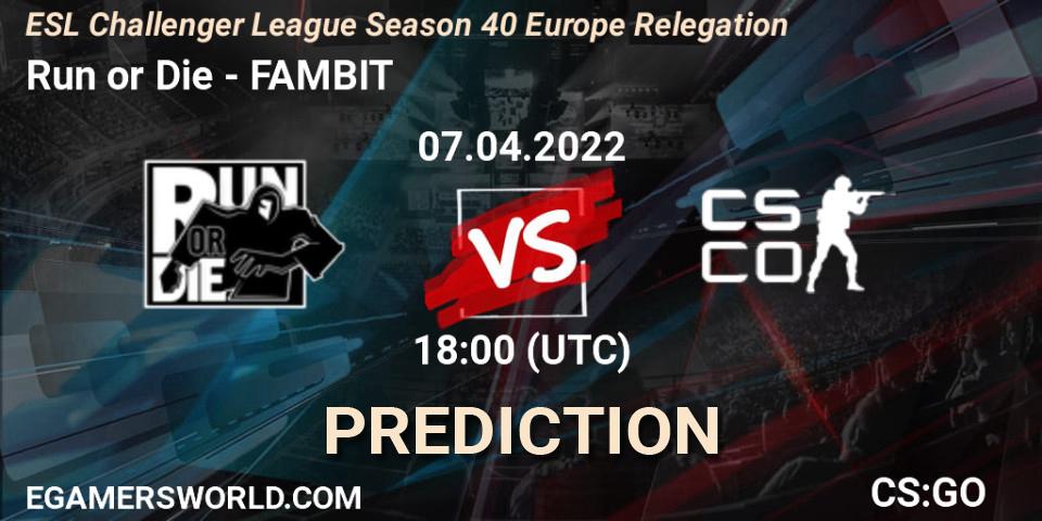 Pronósticos Run or Die - FAMBIT. 07.04.2022 at 18:15. ESL Challenger League Season 40 Europe Relegation - Counter-Strike (CS2)