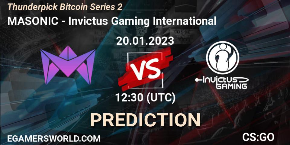 Pronósticos MASONIC - Invictus Gaming International. 22.01.2023 at 09:00. Thunderpick Bitcoin Series 2 - Counter-Strike (CS2)