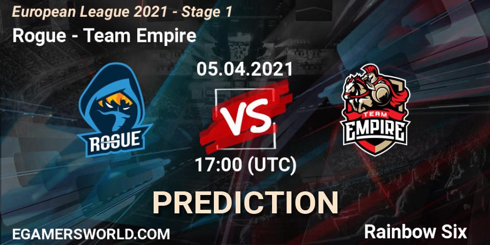 Pronósticos Rogue - Team Empire. 05.04.2021 at 16:00. European League 2021 - Stage 1 - Rainbow Six