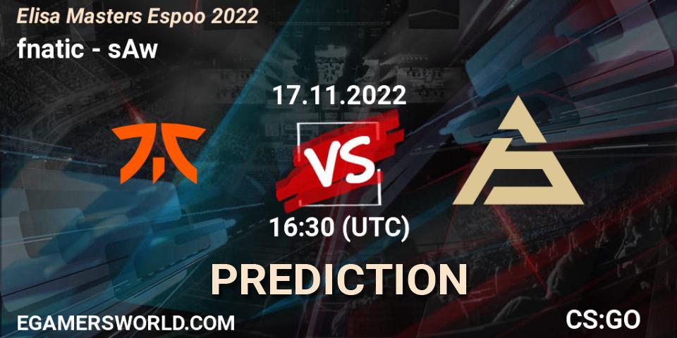Pronósticos fnatic - sAw. 17.11.2022 at 17:20. Elisa Masters Espoo 2022 - Counter-Strike (CS2)