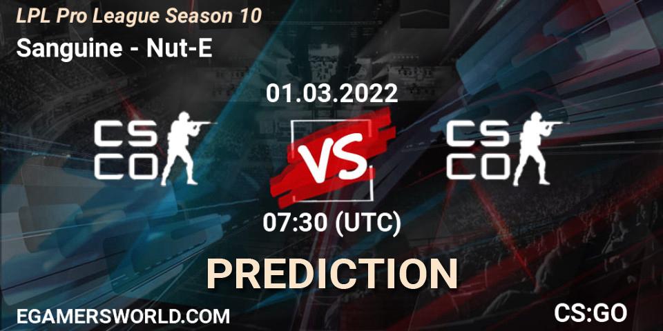 Pronósticos Sanguine - Nut-E Gaming. 01.03.2022 at 07:30. LPL Pro League Season 10 - Counter-Strike (CS2)
