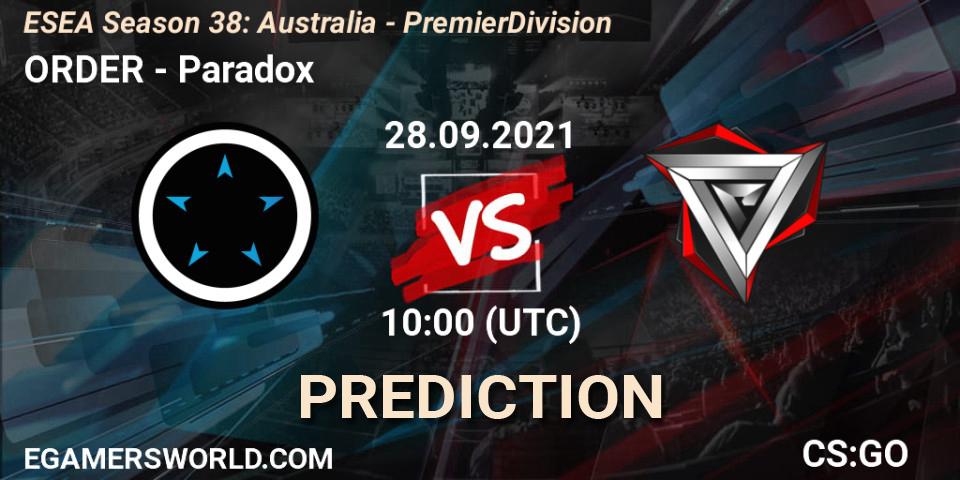 Pronósticos ORDER - Paradox. 13.10.21. ESEA Season 38: Australia - Premier Division - CS2 (CS:GO)