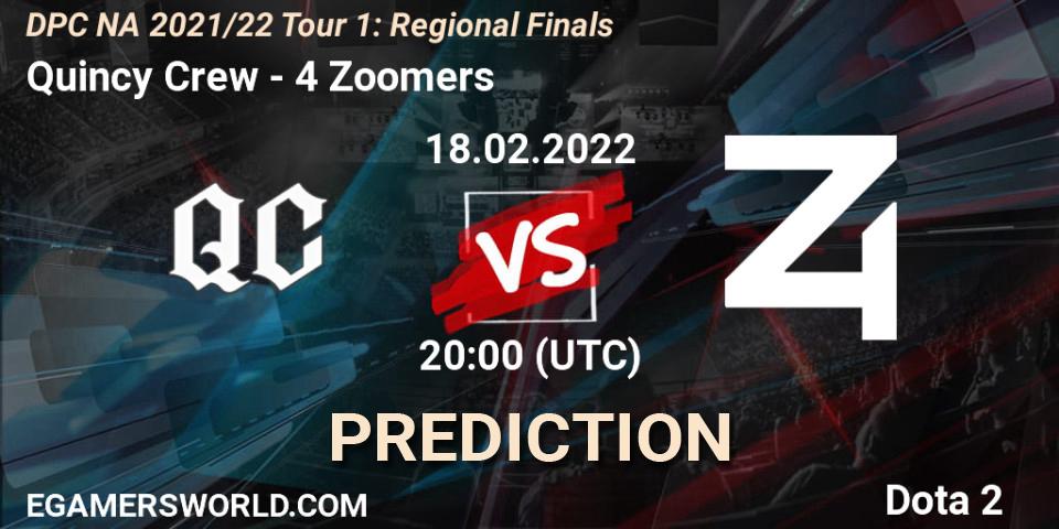 Pronósticos Quincy Crew - 4 Zoomers. 18.02.2022 at 19:55. DPC NA 2021/22 Tour 1: Regional Finals - Dota 2