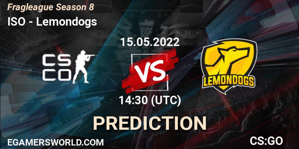 Pronósticos ISO Esports - Lemondogs. 15.05.2022 at 14:30. Fragleague Season 8 - Counter-Strike (CS2)