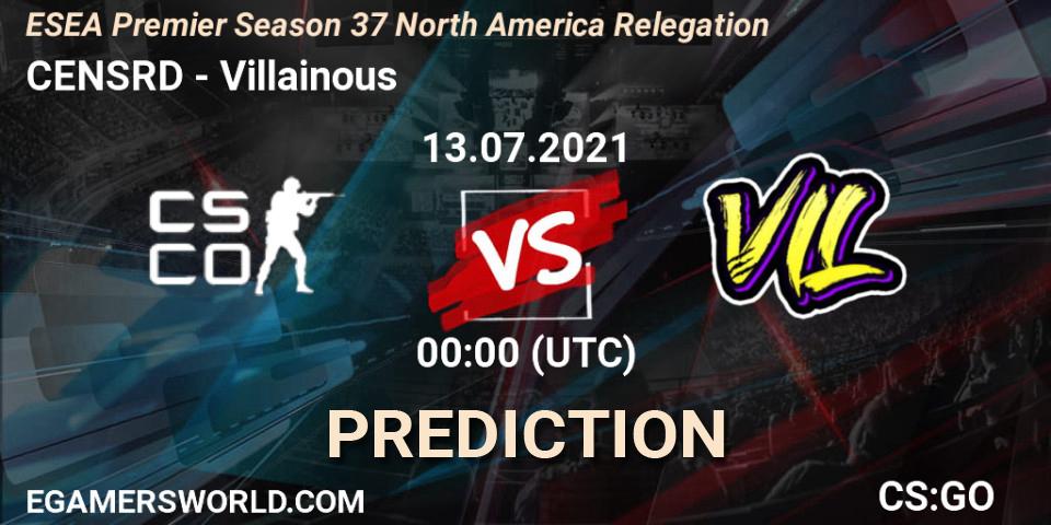 Pronósticos CENSRD - Villainous. 13.07.2021 at 00:00. ESEA Premier Season 37 North America Relegation - Counter-Strike (CS2)