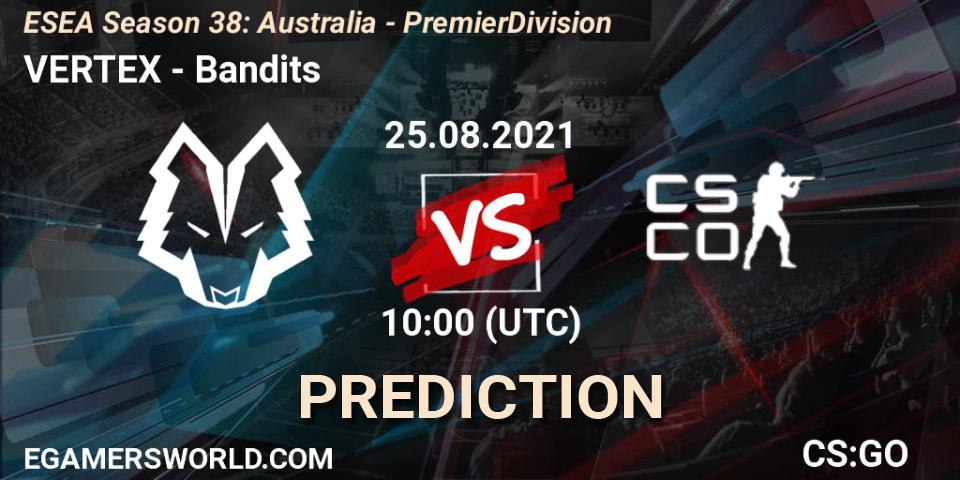 Pronósticos VERTEX - Bandits. 25.08.2021 at 10:00. ESEA Season 38: Australia - Premier Division - Counter-Strike (CS2)