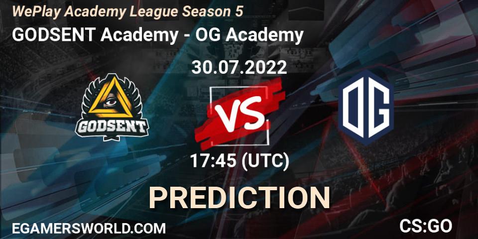 Pronósticos GODSENT Academy - OG Academy. 30.07.2022 at 17:45. WePlay Academy League Season 5 - Counter-Strike (CS2)