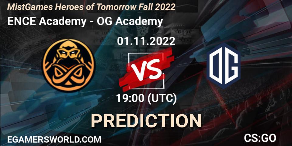 Pronósticos ENCE Academy - OG Academy. 01.11.2022 at 19:45. MistGames Heroes of Tomorrow Fall 2022 - Counter-Strike (CS2)