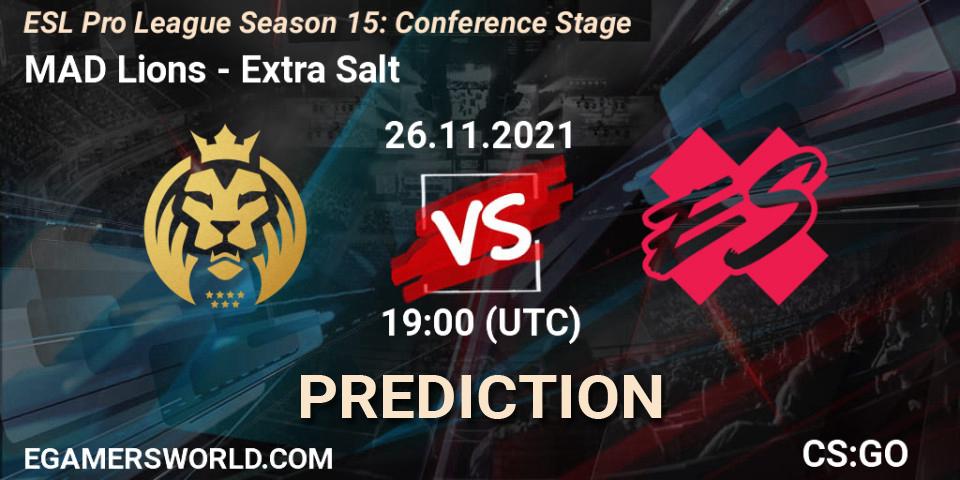 Pronósticos MAD Lions - Extra Salt. 26.11.2021 at 20:25. ESL Pro League Season 15: Conference Stage - Counter-Strike (CS2)