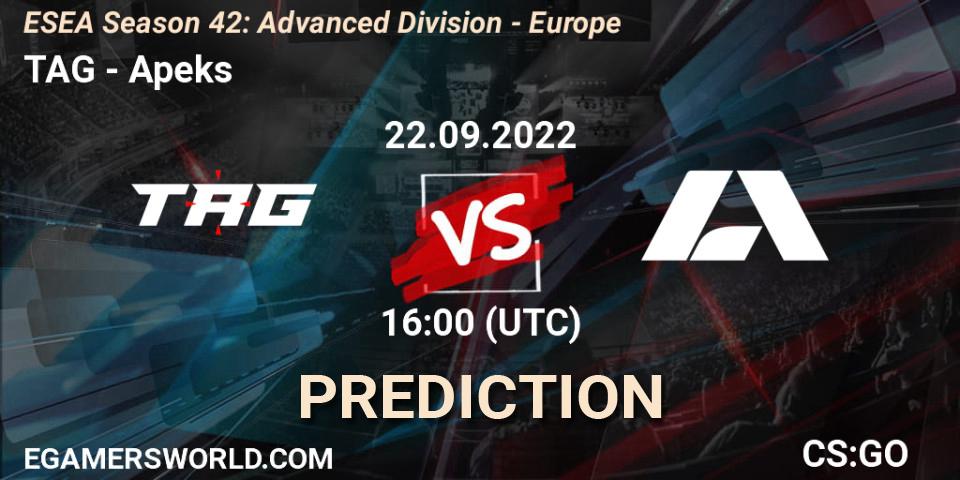 Pronósticos TAG - Apeks. 22.09.2022 at 16:00. ESEA Season 42: Advanced Division - Europe - Counter-Strike (CS2)