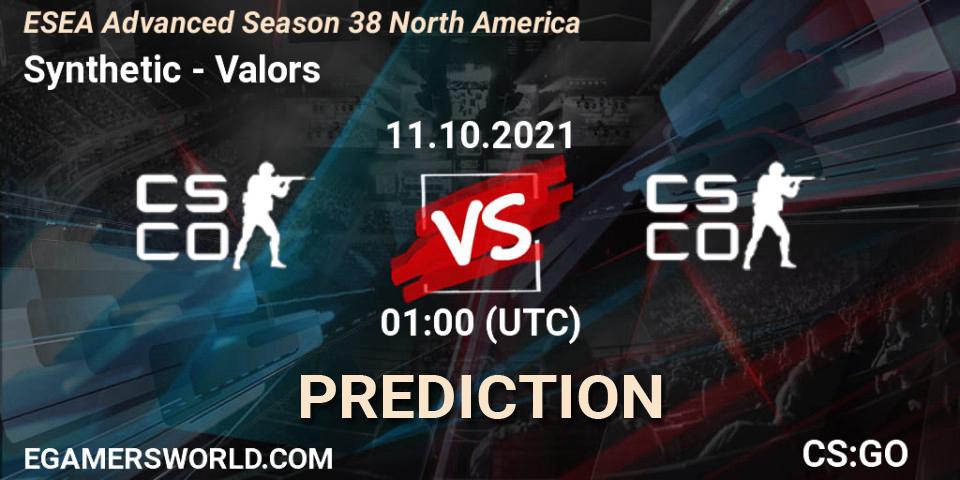 Pronósticos Synthetic - Valors. 11.10.2021 at 01:00. ESEA Advanced Season 38 North America - Counter-Strike (CS2)