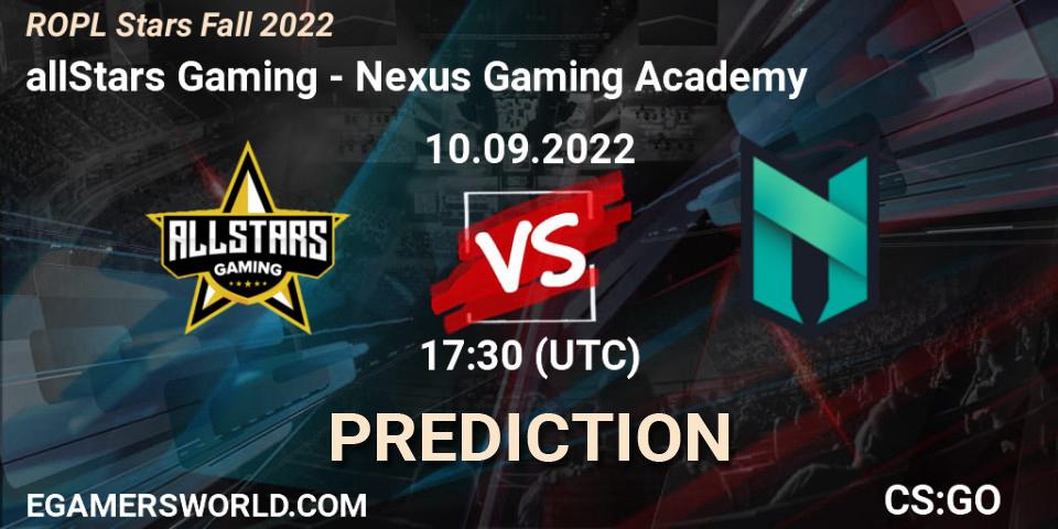 Pronósticos allStars Gaming - Nexus Gaming Academy. 10.09.2022 at 17:30. ROPL Stars Fall 2022 - Counter-Strike (CS2)
