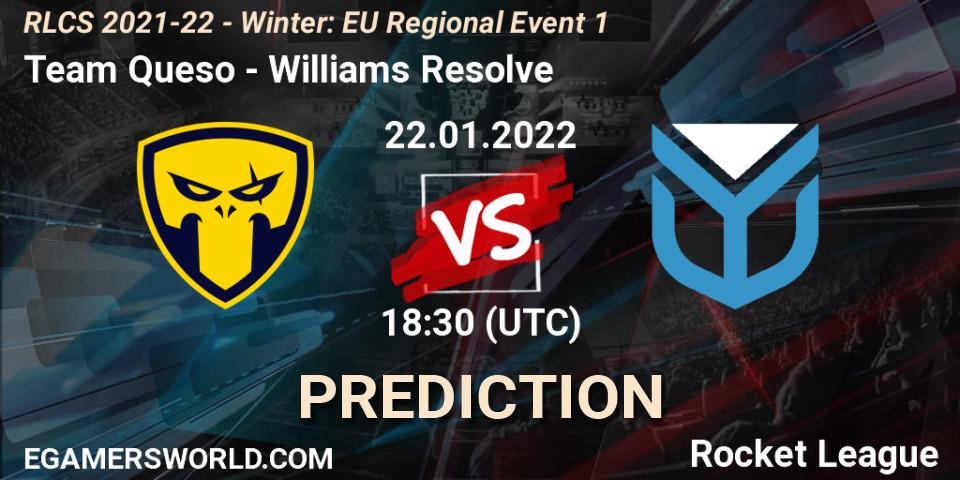 Pronósticos Team Queso - Williams Resolve. 22.01.2022 at 17:20. RLCS 2021-22 - Winter: EU Regional Event 1 - Rocket League