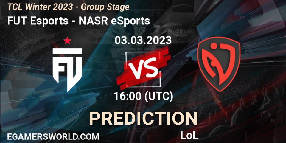 Pronósticos FUT Esports - NASR eSports. 10.03.2023 at 16:00. TCL Winter 2023 - Group Stage - LoL
