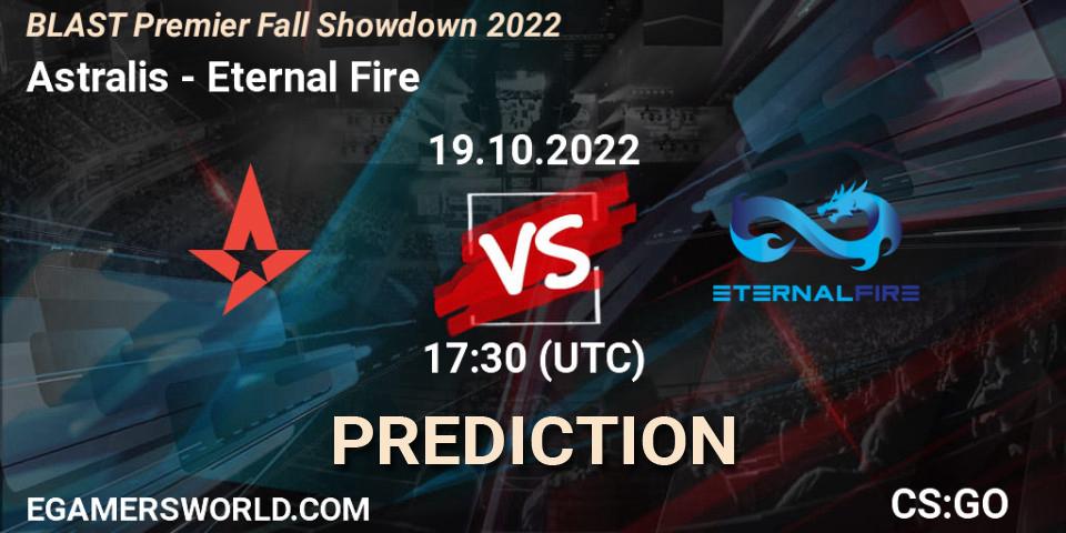 Pronósticos Astralis - Eternal Fire. 19.10.2022 at 17:15. BLAST Premier Fall Showdown 2022 Europe - Counter-Strike (CS2)