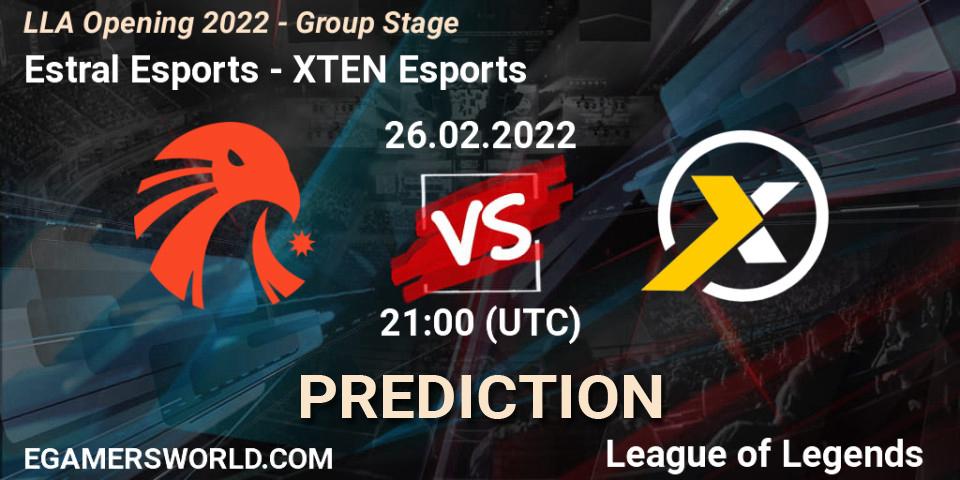 Pronósticos Estral Esports - XTEN Esports. 26.02.2022 at 23:00. LLA Opening 2022 - Group Stage - LoL