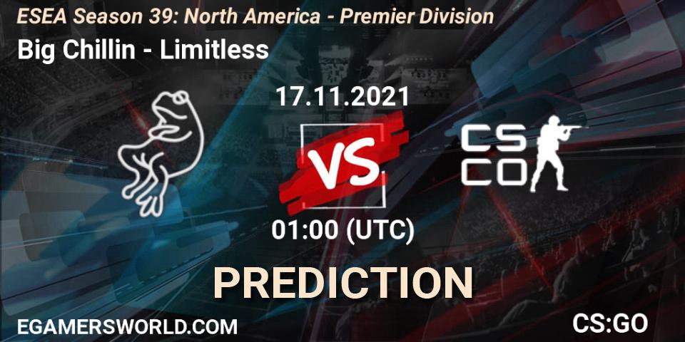 Pronósticos Big Chillin - Limitless. 17.11.2021 at 01:00. ESEA Season 39: North America - Premier Division - Counter-Strike (CS2)