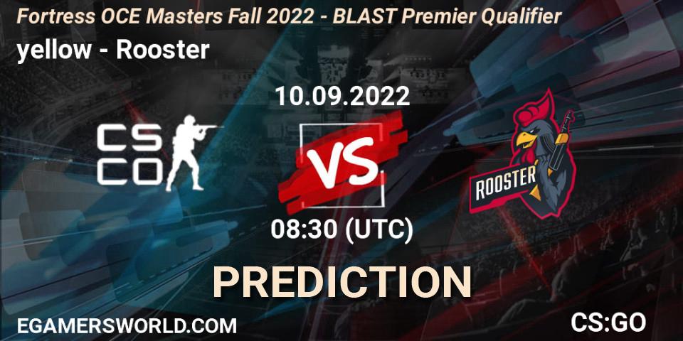 Pronósticos yellow - Rooster. 10.09.2022 at 08:30. Fortress OCE Masters Fall 2022 - BLAST Premier Qualifier - Counter-Strike (CS2)