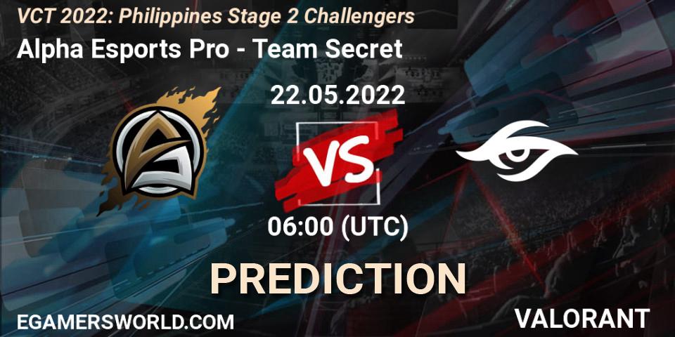 Pronósticos Alpha Esports Pro - Team Secret. 22.05.2022 at 07:00. VCT 2022: Philippines Stage 2 Challengers - VALORANT