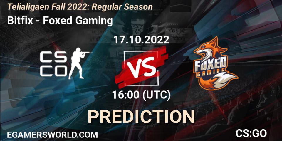 Pronósticos Bitfix - Foxed Gaming. 17.10.2022 at 16:00. Telialigaen Fall 2022: Regular Season - Counter-Strike (CS2)