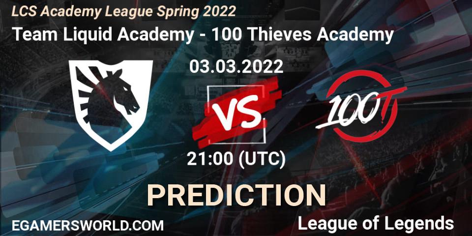 Pronósticos Team Liquid Academy - 100 Thieves Academy. 03.03.2022 at 21:00. LCS Academy League Spring 2022 - LoL
