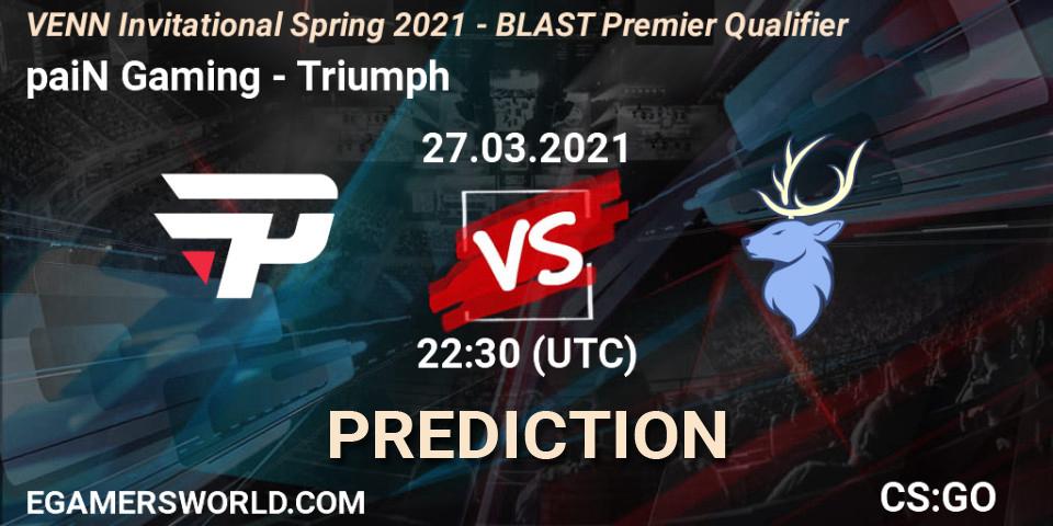 Pronósticos paiN Gaming - Triumph. 27.03.2021 at 22:30. VENN Invitational Spring 2021 - BLAST Premier Qualifier - Counter-Strike (CS2)