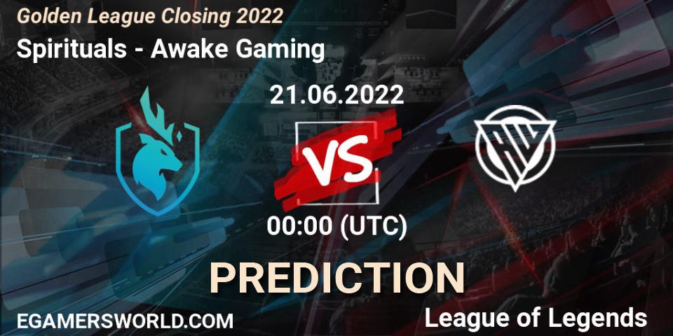 Pronósticos Spirituals - Awake Gaming. 21.06.2022 at 00:00. Golden League Closing 2022 - LoL