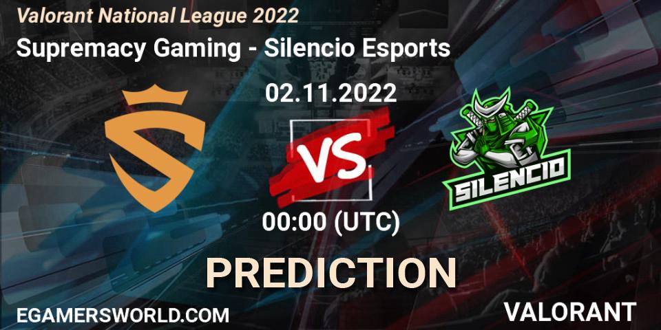 Pronósticos Supremacy Gaming - Silencio Esports. 02.11.2022 at 00:00. Valorant National League 2022 - VALORANT