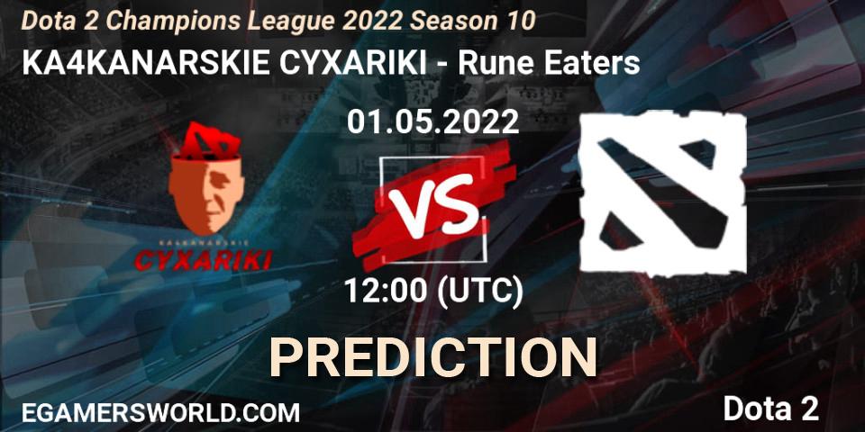 Pronósticos KA4KANARSKIE CYXARIKI - Rune Eaters. 01.05.2022 at 15:02. Dota 2 Champions League 2022 Season 10 - Dota 2