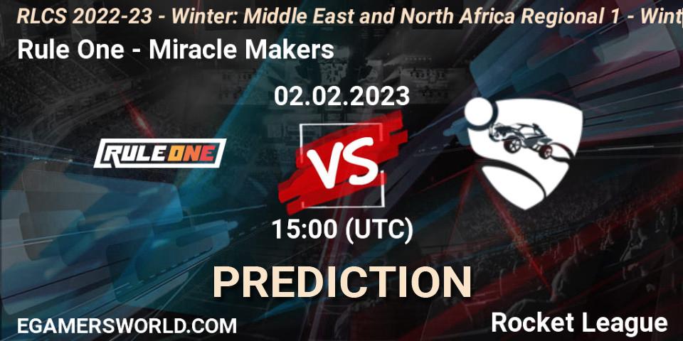 Pronósticos Rule One - Miracle Makers. 02.02.2023 at 15:00. RLCS 2022-23 - Winter: Middle East and North Africa Regional 1 - Winter Open - Rocket League