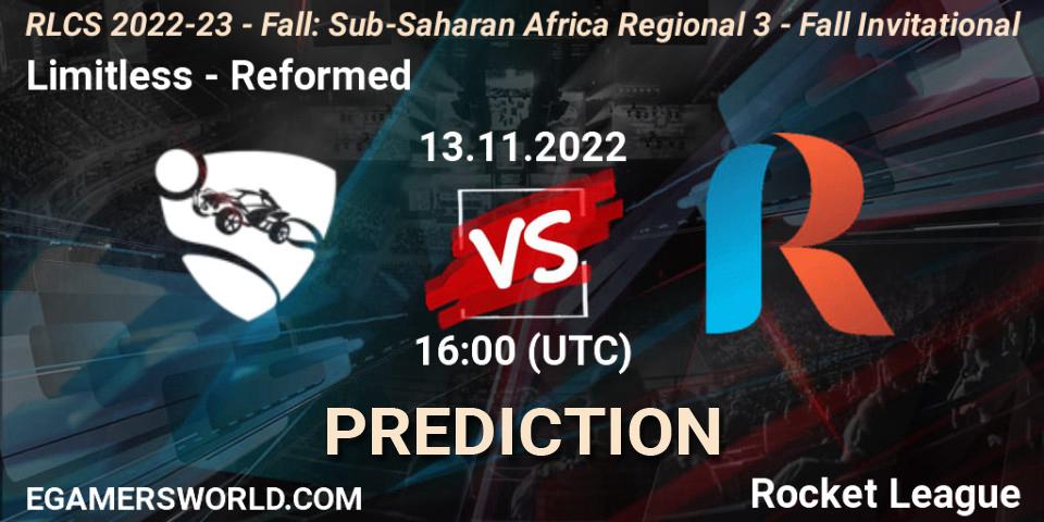 Pronósticos Limitless - Reformed. 13.11.2022 at 16:00. RLCS 2022-23 - Fall: Sub-Saharan Africa Regional 3 - Fall Invitational - Rocket League