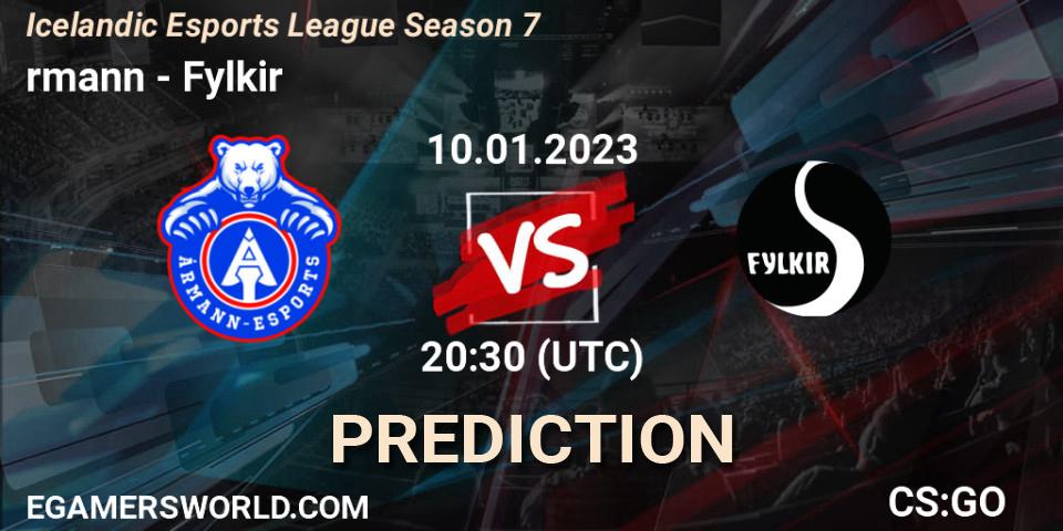Pronósticos Ármann - Fylkir. 12.01.2023 at 19:30. Icelandic Esports League Season 7 - Counter-Strike (CS2)