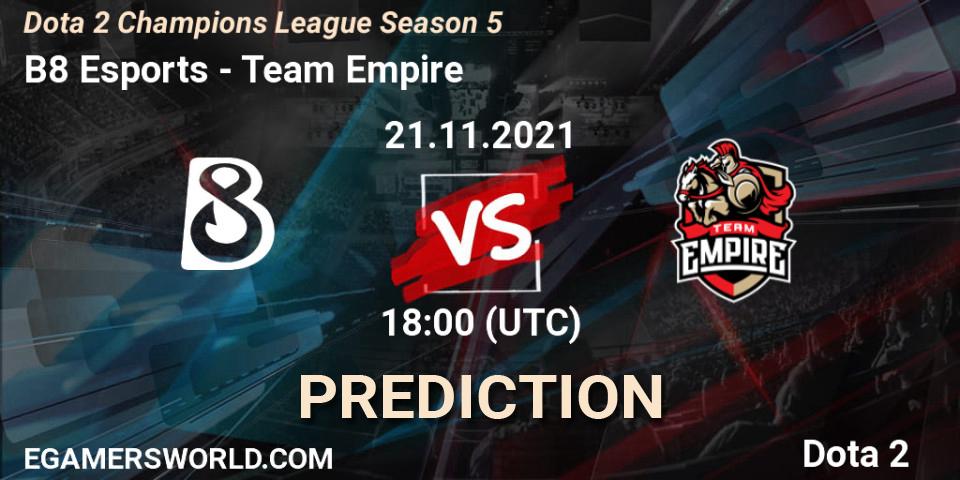 Pronósticos B8 Esports - Team Empire. 21.11.2021 at 18:01. Dota 2 Champions League 2021 Season 5 - Dota 2