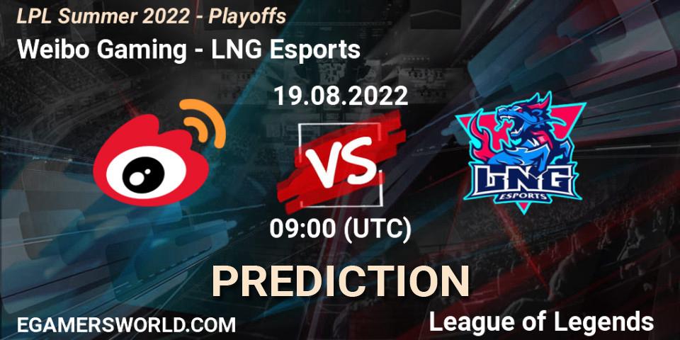 Pronósticos Weibo Gaming - LNG Esports. 19.08.2022 at 09:00. LPL Summer 2022 - Playoffs - LoL